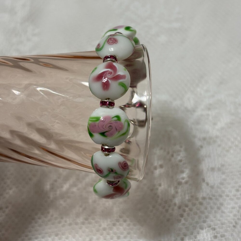 Pink Floral Lampwork Rondelle Glass Bead Bracelet 8.5"‎ Fits 7.5" Toggle Clasp
